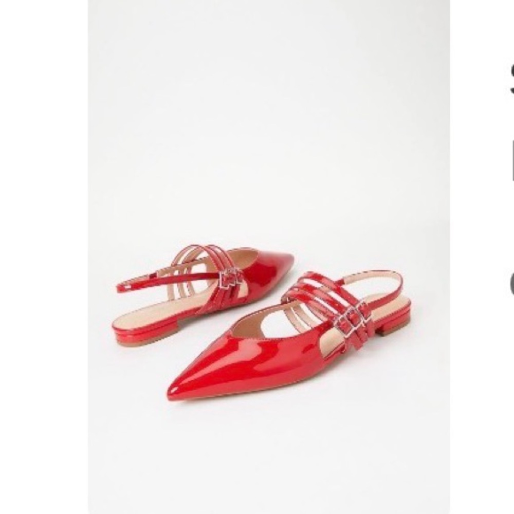 Shoe Dazzle Red Patent Pointed Slingback Flats with Double Straps
